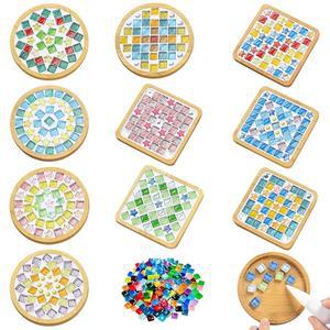 에어스니기 10세트 공예용 DIY 모자이크 타일 혼합 색상 키트와 나무 코스터가 포함된 수제 유리 코스터 공예품 세트 창의적 홈 데코레이션 선물