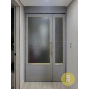 [바른도어]44번 비대칭양개스윙중문 고시형 연그레이 샤틴 투명강화유리