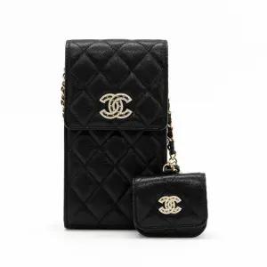 샤넬 클래식 폰홀더 에어팟 케이스 체인 미니백 금장 블랙 AP2742