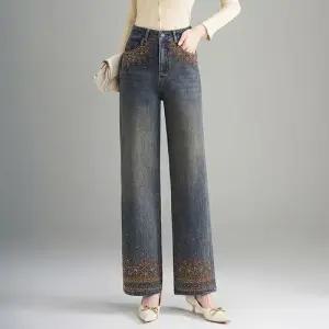 여성 스타일 완성 일자핏 청바지 빈티지 자수 추동 슬림핏 하이웨스트 와이드 통바지 힛템