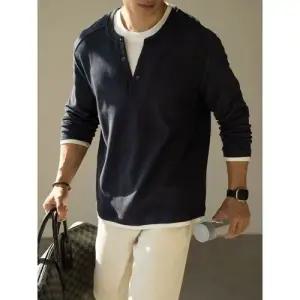 남성용 브이넥티 빈티지브이넥핸드버튼가짜 투피스 니트 가을 캐주얼 긴팔 티셔츠 힛템