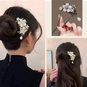 여성 고급스러운 꽃나비 진주 U자형 헤어핀 비녀 빗핏 웨딩헤어핀
