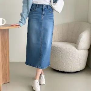 여성 스판 밴딩 뒷트임 H라인 데님 롱스커트 핏이 청치마 빅사이즈