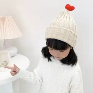 어린이 키즈 레드 빨간 방울 하트 왕골지 니트 비니