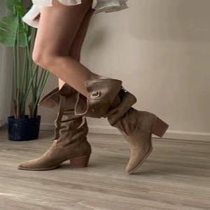 브라운 미들 웨스턴롱부츠 통굽빈티지 베이지 브이컷 부츠힐 데일리 아이보리 빈티지 스웨이드