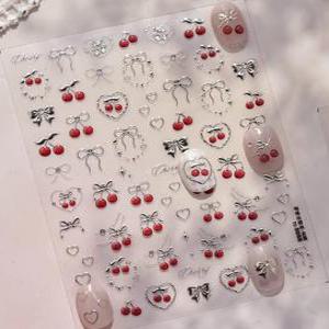 고네일 / 토모니 체리 실버 리본 하트 네일스티커 to5068