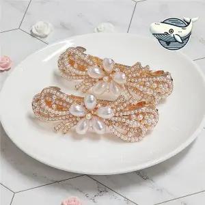 여성용 겹리본 진주 헤어핀 바레트 스타일