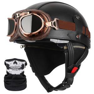 독일 스타일 포함 바이크 헬멧 헬멧 고글 승인 레트로 크루저 페이스 성인 하프 헬멧 초퍼 모페드 블랙 가죽 스쿠터 모터사이클 빈티지 남성용 하프
