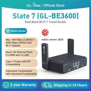 GLiNet GL-BE3600 Slate 7 Wi-Fi 7 라우터 듀얼 25G 포트 터치 스크린 3570Mbps 게임 핫 공용 및 호텔용 VP