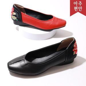 [호박슈즈]2cm 국내생산 소가죽 장미 유니크 스치 플랫슈즈 로퍼 발편한 112648