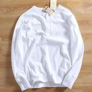 남자긴팔티 라운드넥 티 헨리넥 긴팔 순면 캐주얼 셔츠 레트로 라운드 힛템