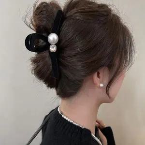 [콩심팥심]여성 큐빅 진주 포인트 헤어 집게핀 벨벳 꾸안꾸
