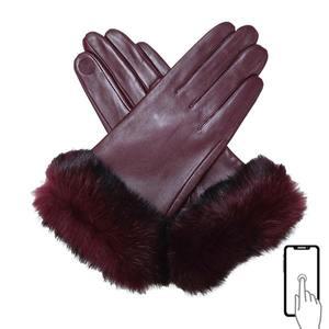 [기타]여성용 스마트 터치 손목 퍼 장식 겨울 가죽장갑 버건디 색상