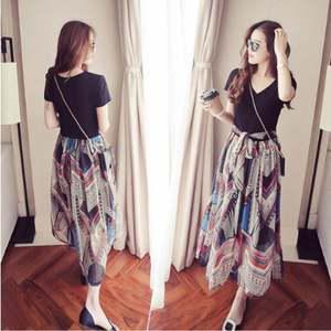 페이즐리 v넥 반팔티 쉬폰 투피스 스커트 블랙 일체형