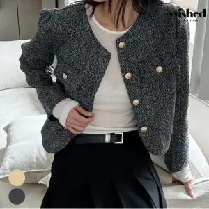 베이직 라운드넥 금장 버튼업 긴팔 트위드 자켓 (WIBCJK031)