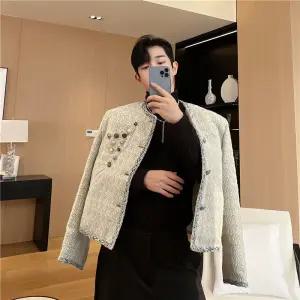 노카라 트위드 자켓 남자용 크롭 재킷 라운드넥 블레이저 아우터