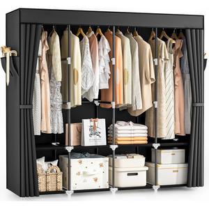 깔끔한 옷장 옷장, 옷을 걸 수 있는 66인치 휴대용 커버가 대용량 옷걸이 정리함, 4개의 걸이봉, 8개의 수납 선반, 2개의 사이드 포켓(블랙)