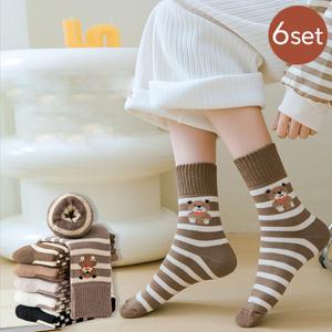 [6켤레] 겨울 여성 도톰한 곰돌이 단가라 캐주얼 양말 세트
