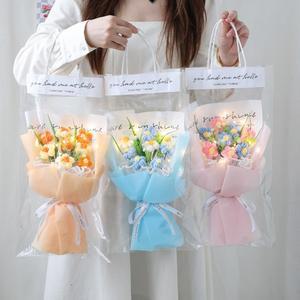 졸업꽃다발 LED 조명이 달린 크로 셰 뜨개질 꽃 부케 스트링 수제 손님용 결혼식 선물 방 장식