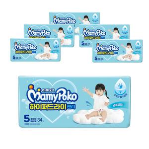 마미포코 하이퍼드라이팬티 5단계 특대형 여아용 34매 6팩 강력한 흡수력 뽀송깔끔 옆샘방지