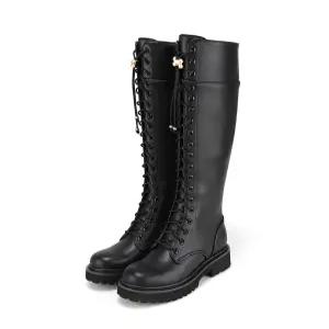 바바라 소가죽 금장 앰블럼 장식 레이스업 여성 롱부츠 4cm_BBH851BK