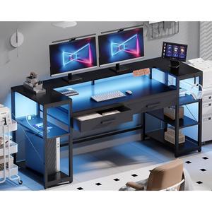 모니터 스탠드가 있는 팸레이 58인치 컴퓨터 책상과 LED 조명 및 전원 콘센트가 있는 선반 게이밍 책상 홈 오피스 블랙용 서랍 2개가 있는 PC 배니티 테이블