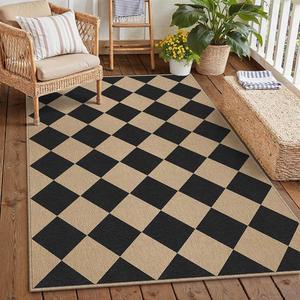 거실 입구용 PureCozy 3x5 체크무늬 이지 황마 야외 파티오 러그 세척 가능 구역 다이아몬드 실내 매트 농가 중립 논 슬립 블랙 도어 카펫 뒷마당 침실용