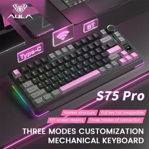 AULA S75 Pro 게임용 기계식 키보드 75% PBT 키캡 LCD 화면 손잡이가있는 핫 스왑 가능 RGB 백라이트 4000