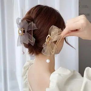 [콩심팥심]여성 쉬폰리본 헤어 머리핀 반묶음 올림 머리 집게핀