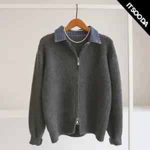 [잇수다] 롭스라 데님 카라 배색 투웨이 집업 니트 가디건