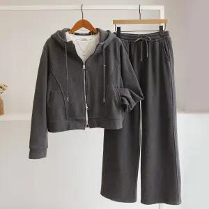 [잇수다] 윈케드 융기모 투웨이 후드 집업 + 밴딩 와이드 팬츠 세트