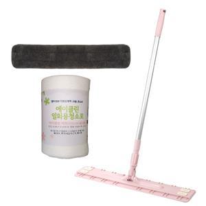 에이클린 대형(60cm)코랄핑크 청소밀대걸레+회색루프물걸레패드1장+일회용청소포30m(47매)