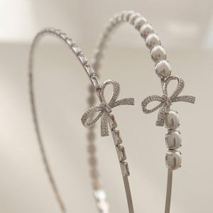 [제이로렌] 진주 큐빅 리본 일자 고급 헤어밴드 H0810