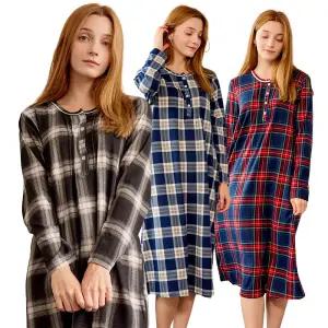 이브바바 여성 겨울 앙고라 기모 체크 스판 롱 수면잠옷원피스 홈웨어