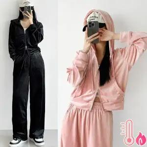 [하프클럽/]벨벳 후드크롭 집업 와이드세트 꾸안꾸 겨울 트레이닝세트 와이