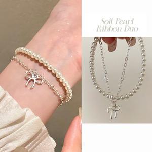 솔빈 드롭 리본 팬던트 레이어드 두줄 팔찌