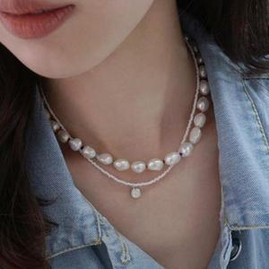 [다잇템]여성 진주 동글 색상 비즈 실버 패션 목걸이_P399842671