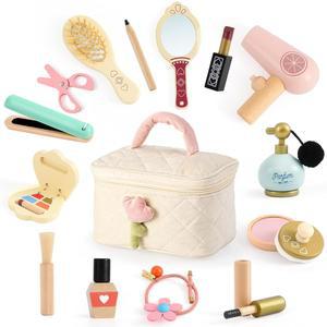 [미국배송] 아토일링크 나무 메이크업 장난감 세트 15개 미용실 여자 유아용 키트 플러시 가방 포함 프린세스 뷰티 리얼리스틱 액세서리 3세 4세 5명 생일 선물