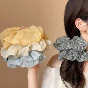 [콩심팥심]여성 빅사이즈 묶음머리 체크 패턴 빈티지 대형 곱창밴드 머리고무줄 헤어용품 여성머리끈