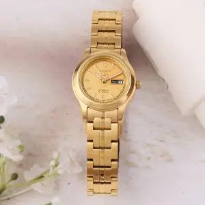 [세이코]5 SYME02K1 데이데이트 골드톤 라운드 오토매틱 여자 메탈 손목시계