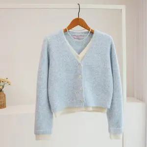 [잇수다] 먼로렐 이중 배색 레이어드 브이넥 울 니트 가디건