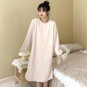 따뜻한 꽈배기 극세사 원피스 잠옷 여성 겨울 극세사 임산부 실내복 홈웨어 파자마 수면