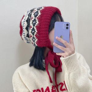 아이슬란드 노르딕 아가일 패턴 페어아일 니트 보닛 귀도리 귀달이 모자