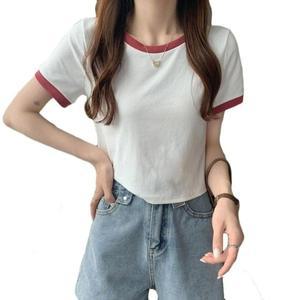 고품질 티셔츠 여름 반팔 여성 여자 크롭 기본 캐주얼룩 배색 여자크롭티셔츠 여성크롭티셔츠 (WFHO86C)