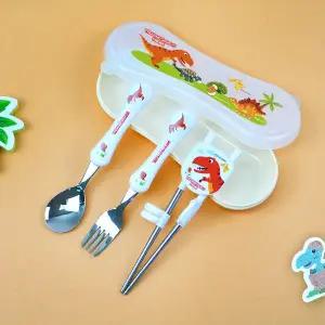 [키친유]티라노 스텐 304 스푼 포크 1단계 교정 젓가락 수저케이스 세트 국내생산 공룡 유아 수저세트