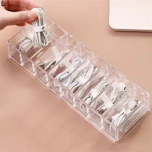 충전 케이블 정리 케이스(8구) 2개/투명/칸막이/깔끔/수납/USB/이어폰/어댑터/전선/덮개/보호/보관/박스