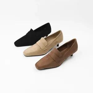 [신난다슈]여성 구두 펌프스 힐 3cm 여자 로퍼 힐 단화 발편한 사각코 낮은굽 스웨이드 기본 민자 NF252451