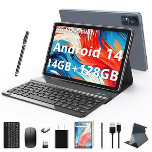 Android14 태블릿 최신 10인치 128GB ROM 14GB RAM 1TB 옥타코어 5G WiFi 태블릿, 4G 셀룰러, 2개의 심 슬롯 13MP 8MP 7000mAh BT5 0 GPS 2인치 키보드 마우스 펜 케이스-그레이