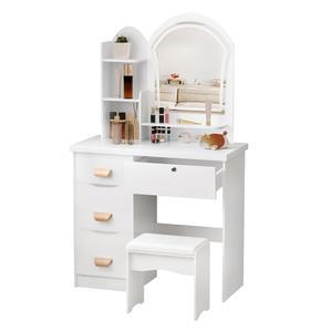 화장대 의자 세트, LED 조명 거울이 있는 메이크업 배니티 책상 4 서랍 및 오픈 선반 침실 세트 여성 여성용 흰색