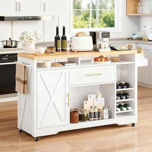 전원 콘센트가 있는 대형 주방 아일랜드, 와인 랙이 롤링 키친 카트, 스파이스 랙 유리 홀더가 이동식 저장 거실용 바퀴 달린 아일랜드 테이블, 폭 50인치, 흰색